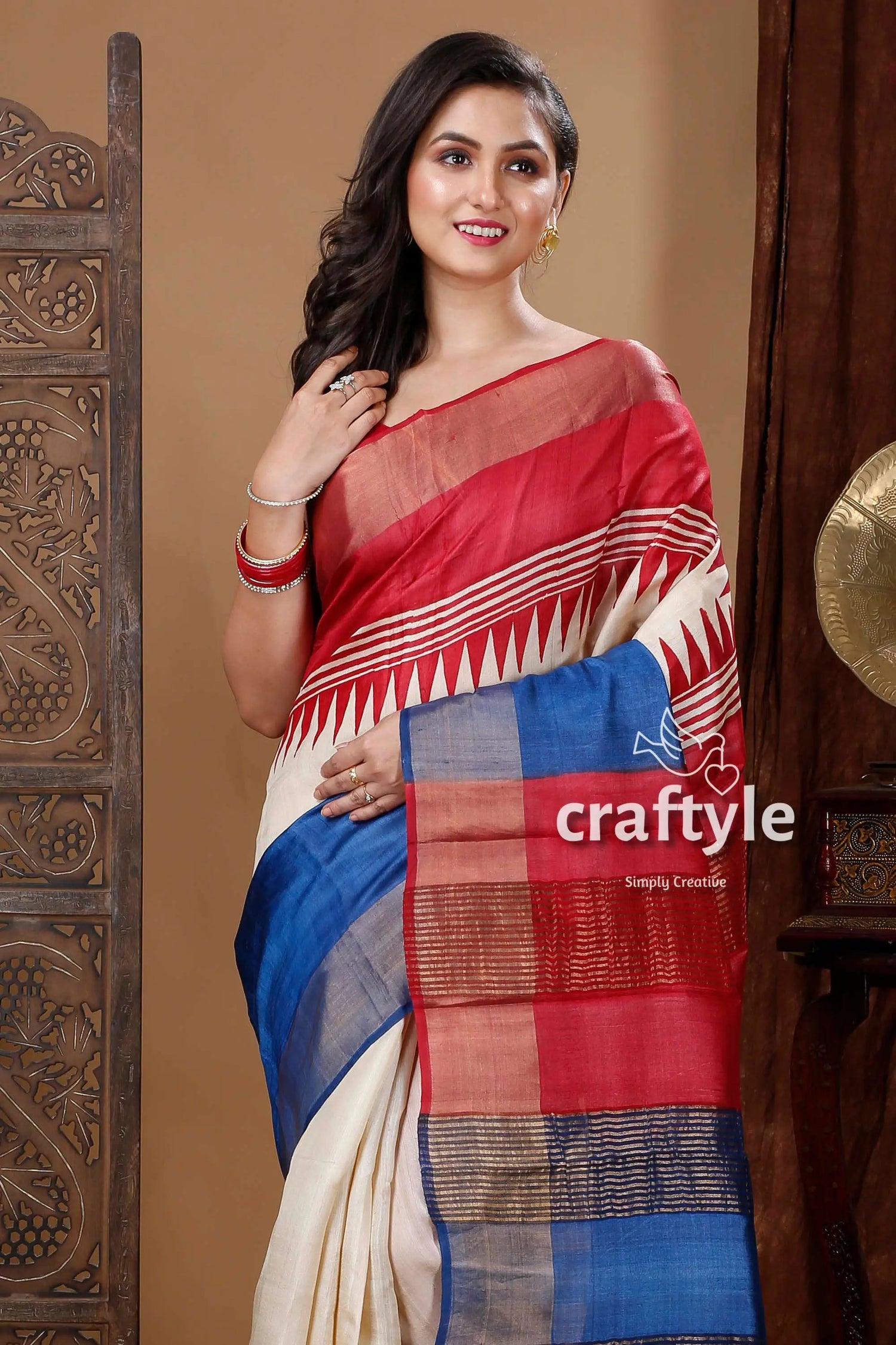 Red &amp; blue temple work hand block printed zari pure tussar saree woman red white blue saree 3