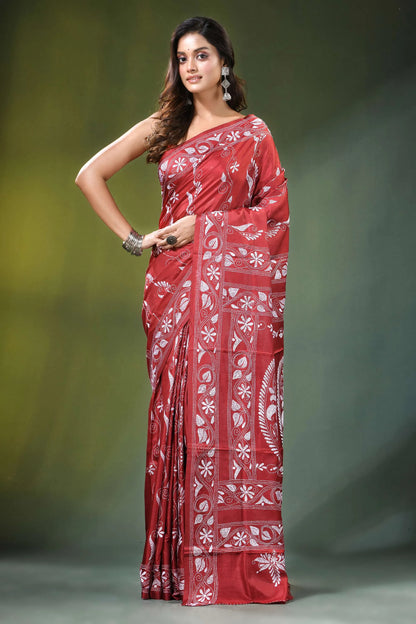 Red brown paisley kantha work silk saree - hand embroidered vibrant adorned intricate 6