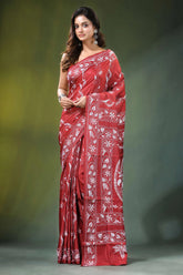 Red brown paisley kantha work silk saree - hand embroidered rich adorned 1