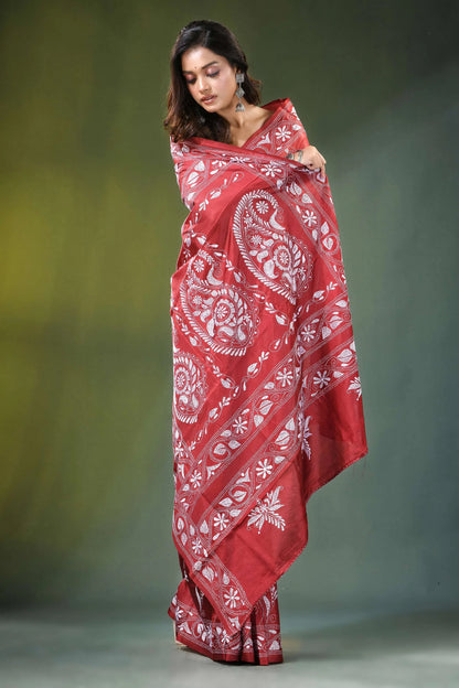 Red brown paisley kantha work silk saree - hand embroidered vibrant intricate white 4