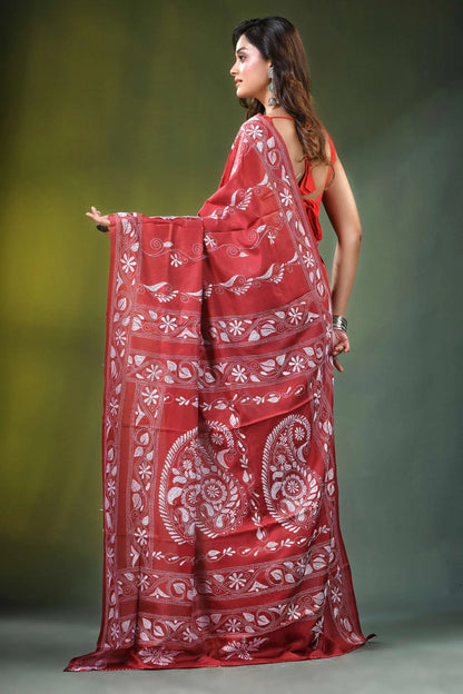 Red brown paisley kantha work silk saree - hand embroidered rich adorned 5