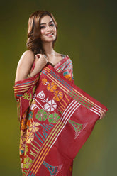 Red brown silk kantha saree with multicolor floral motif design 2