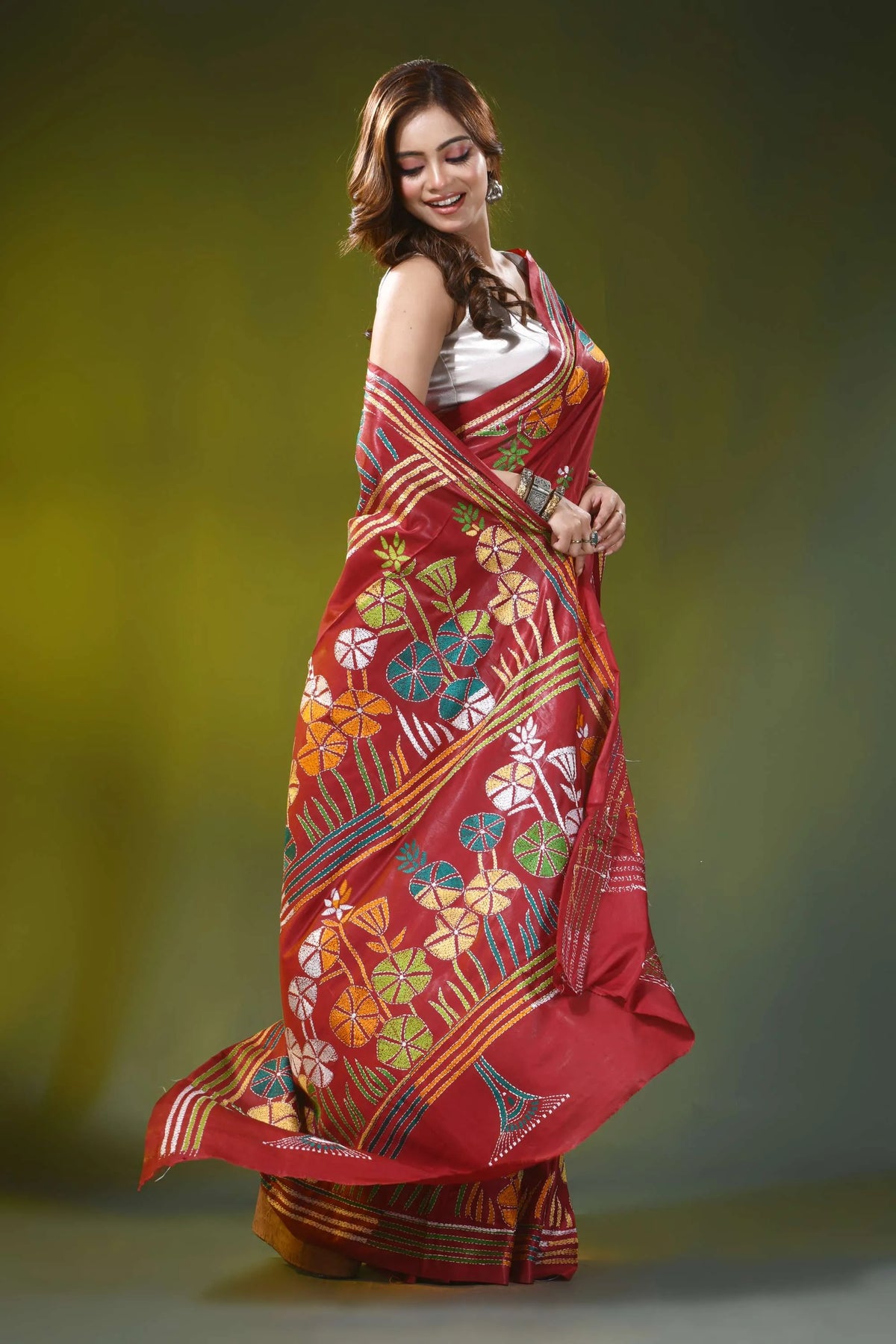 Red brown silk kantha saree with multicolor floral motif design 5
