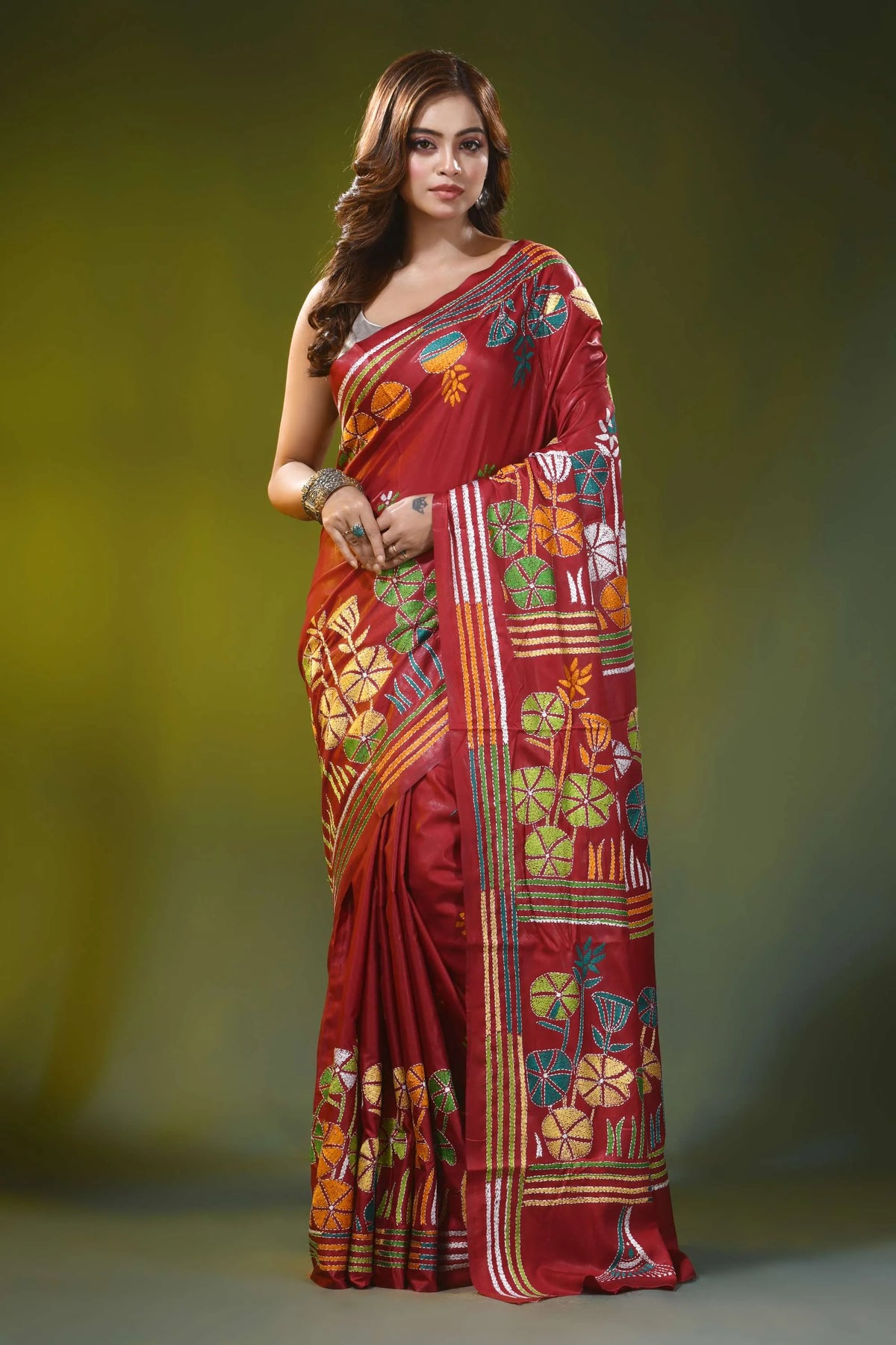 Red brown silk kantha saree with multicolor floral motif design 1