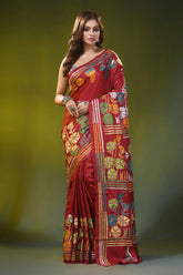 Red brown silk kantha saree with multicolor floral motif design 1
