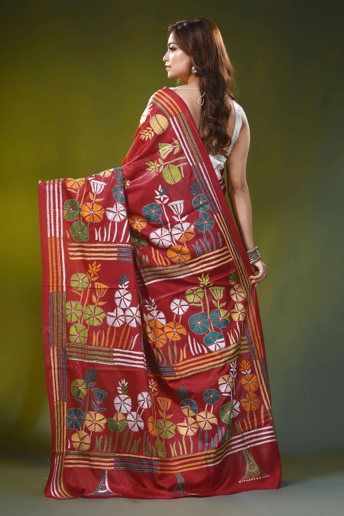Red brown silk kantha saree with multicolor floral motif design 4