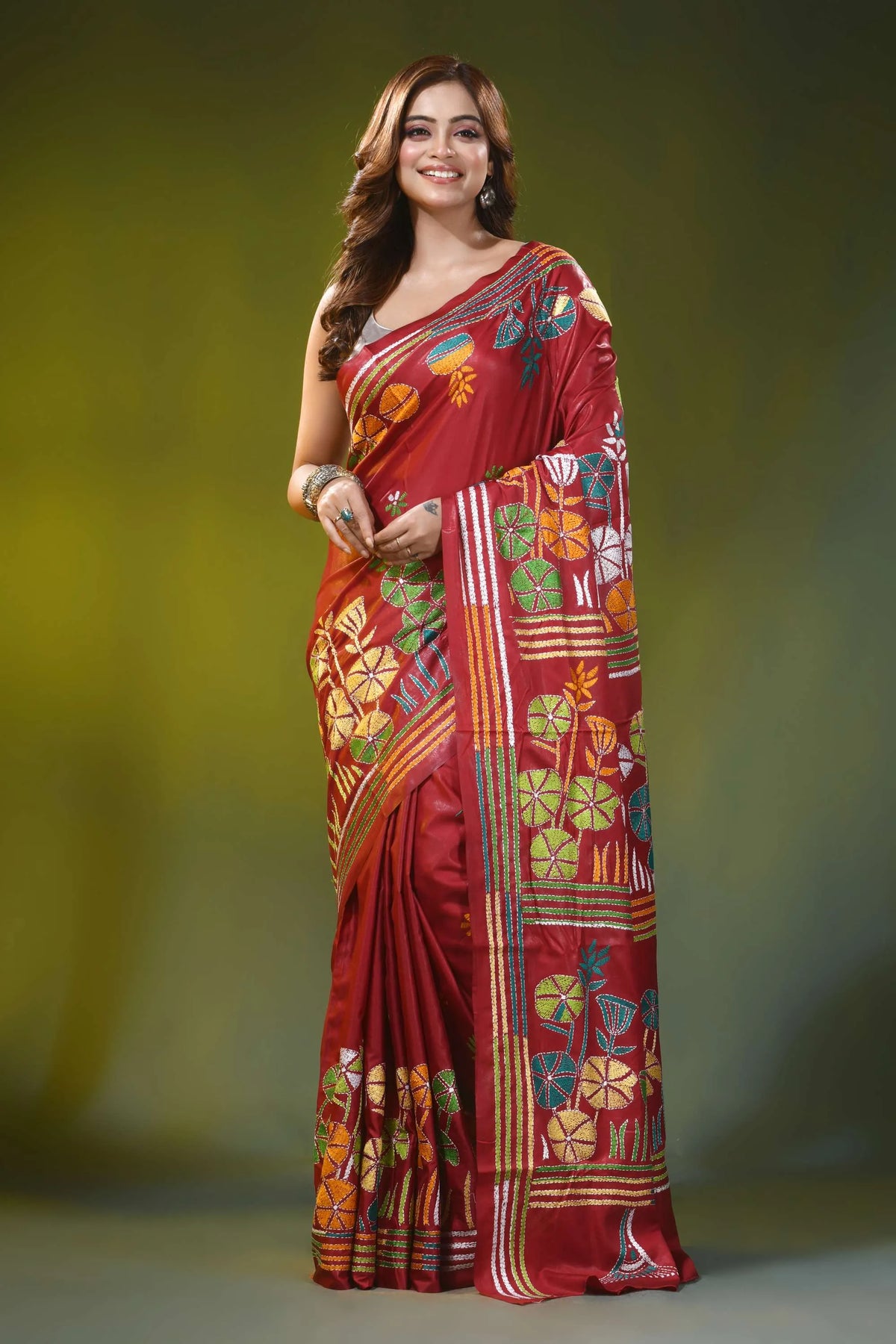 Red brown silk kantha saree with multicolor floral motif design 6