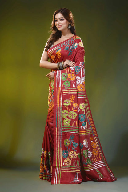 Red brown silk kantha saree with multicolor floral motif design 3