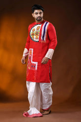 Red cotton men’s kantha stitch punjabi with applique and hand paint 3