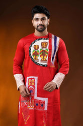 Red cotton men’s kantha stitch punjabi with applique and hand paint 7