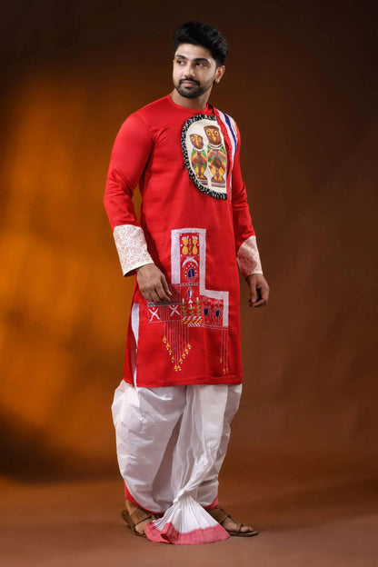 Red cotton men’s kantha stitch punjabi with applique and hand paint 4