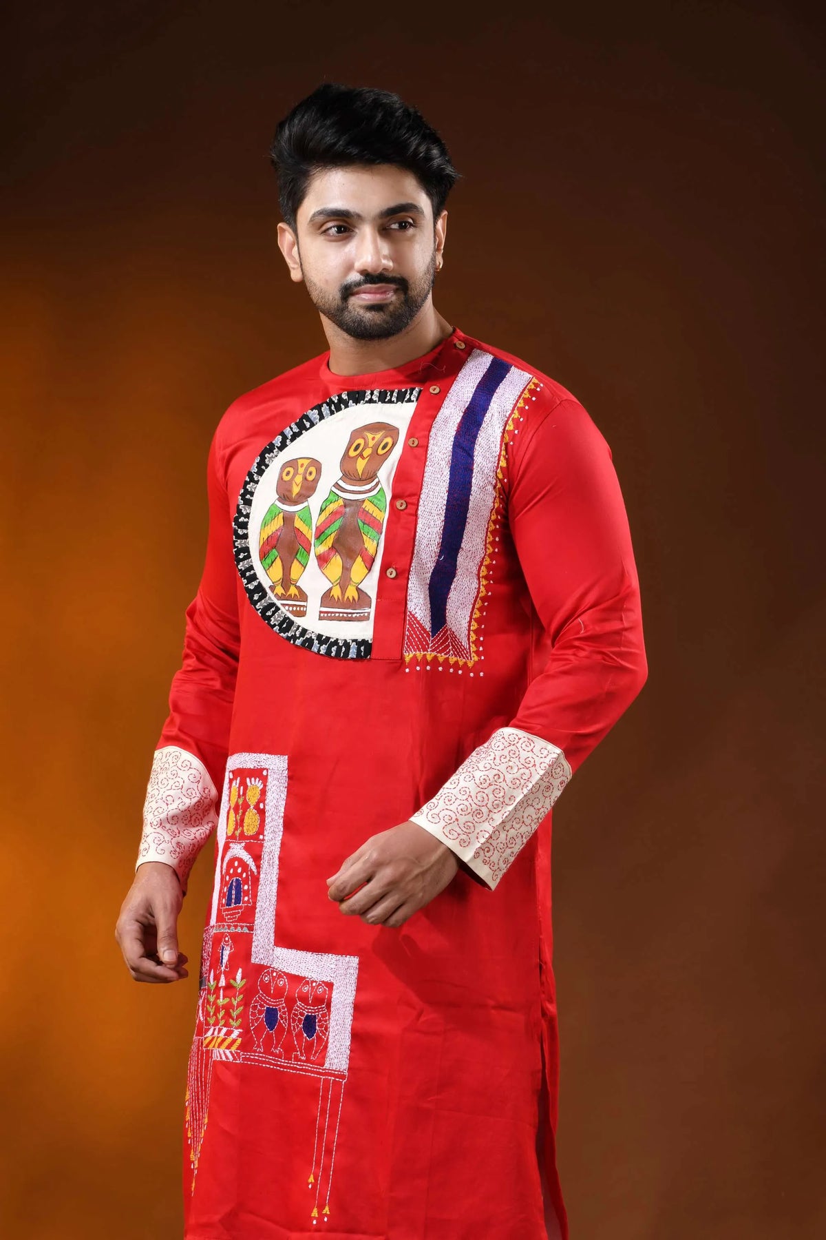 Red cotton men’s kantha stitch punjabi with applique and hand paint 2