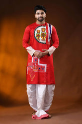 Red cotton men’s kantha stitch punjabi with applique and hand paint 6