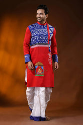 Red cotton men’s punjabi with kantha and hand painted folk art 7
