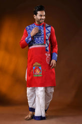 Red cotton men’s punjabi with kantha and hand painted folk art 4