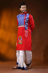 Red cotton men’s punjabi with kantha and hand painted folk art 3