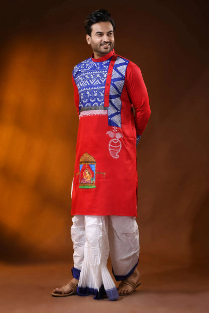 Red cotton men’s punjabi with kantha and hand painted folk art 3