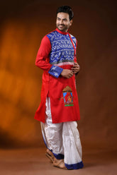 Red cotton men’s punjabi with kantha and hand painted folk art 5