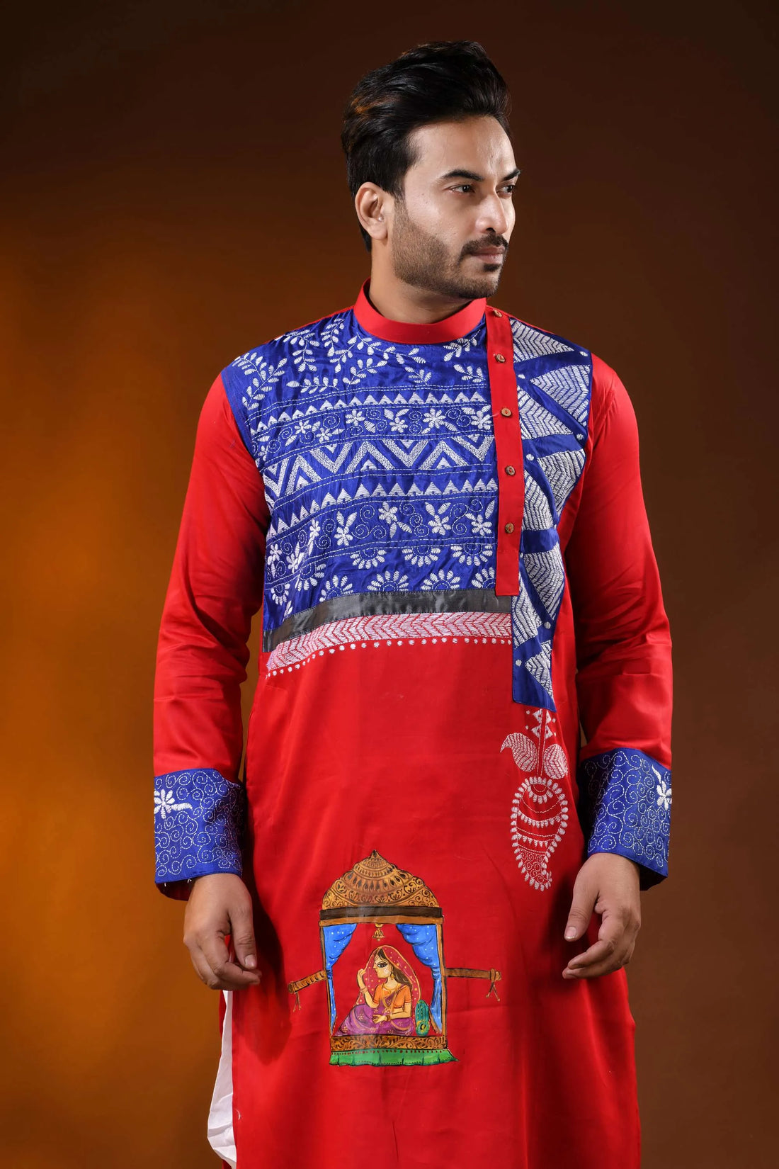 Red cotton men’s punjabi with kantha and hand painted folk art 2