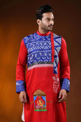 Red cotton men’s punjabi with kantha and hand painted folk art 2