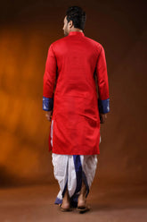 Red cotton men’s punjabi with kantha and hand painted folk art 6