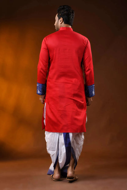 Red cotton men’s punjabi with kantha and hand painted folk art 6