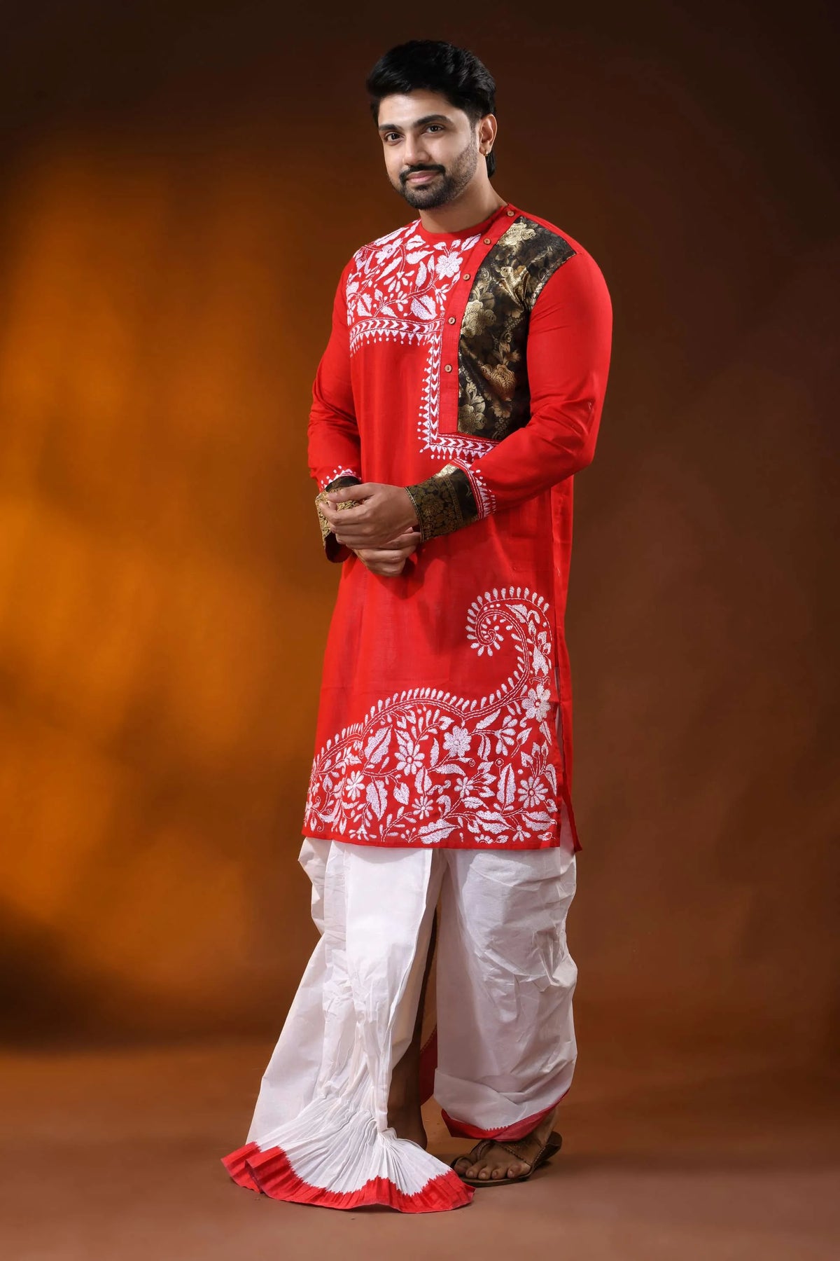 Red cotton men’s punjabi with kantha embroidery - patch work design 3