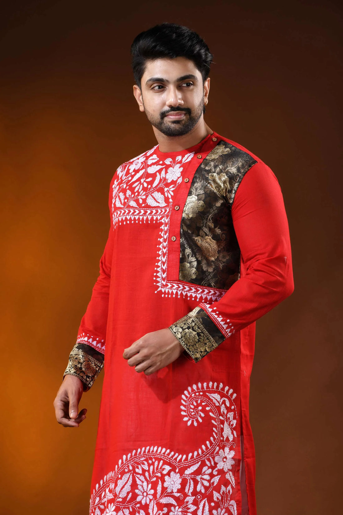 Red cotton men’s punjabi with kantha embroidery - patch work design 2