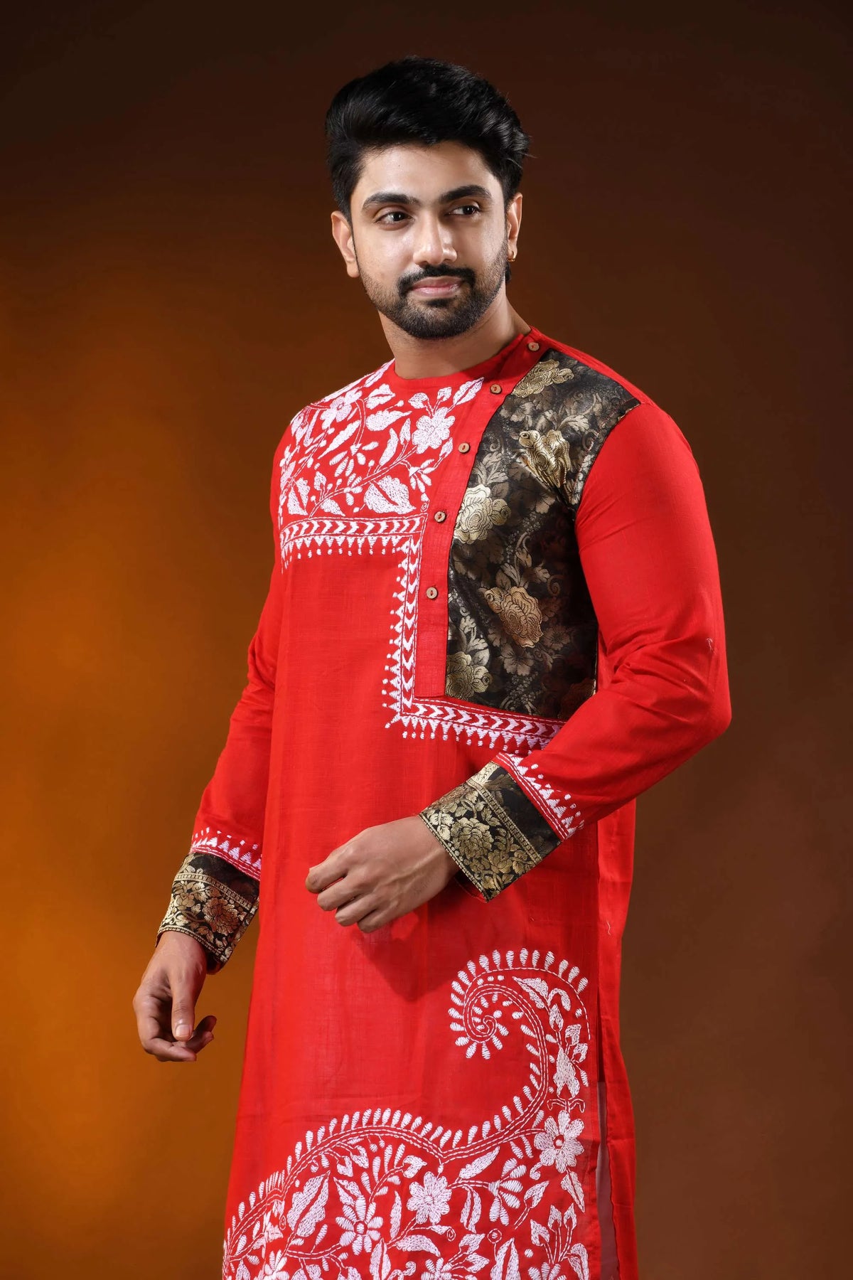 Red cotton men’s punjabi with kantha embroidery - patch work design 2