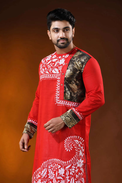 Red cotton men’s punjabi with kantha embroidery - patch work design 2