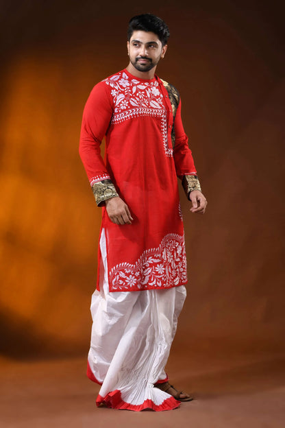 Red cotton men’s punjabi with kantha embroidery - patch work design 4