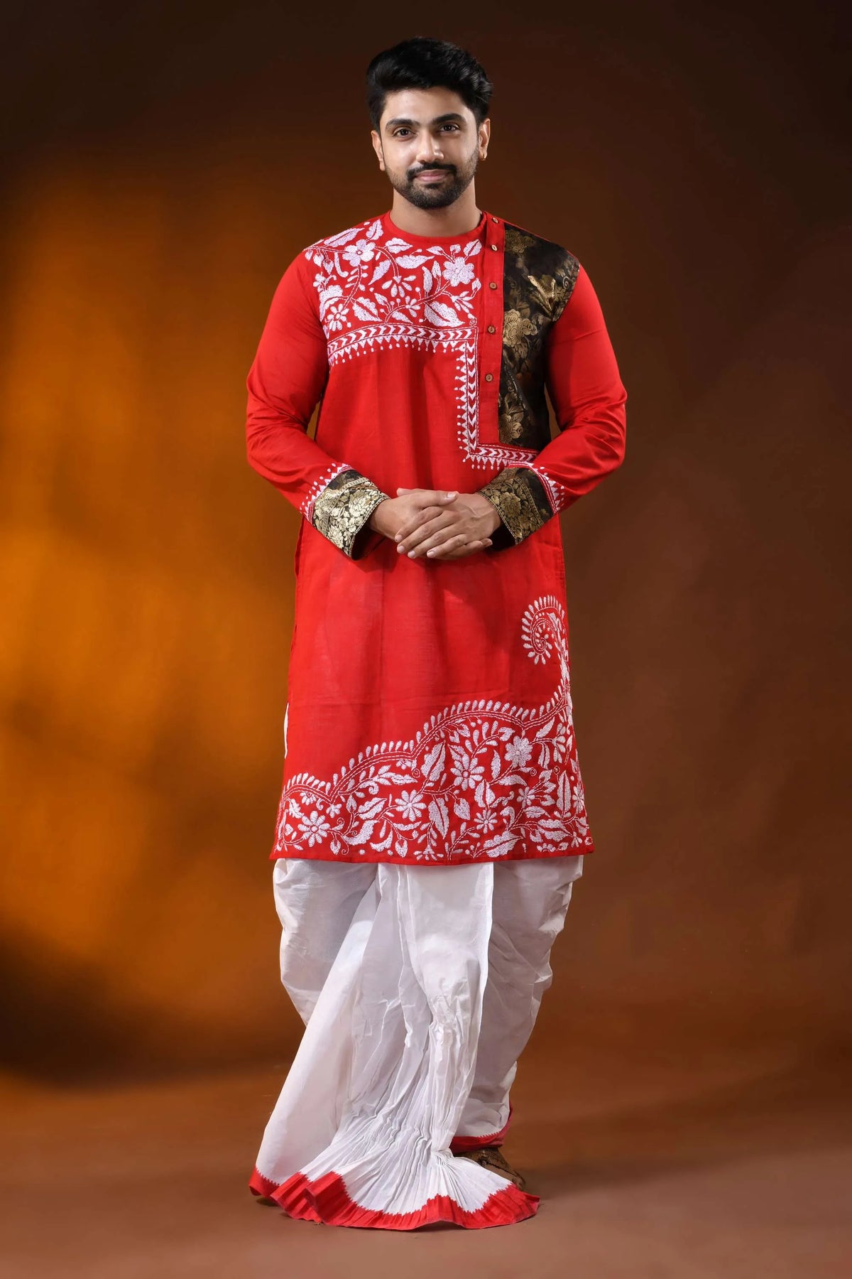 Red cotton men’s punjabi with kantha embroidery - patch work design 6