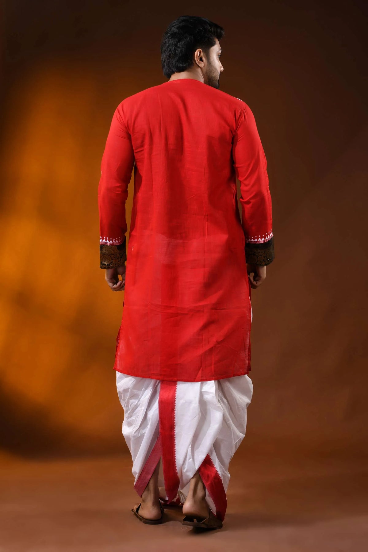 Red cotton men’s punjabi with kantha embroidery - patch work design 5