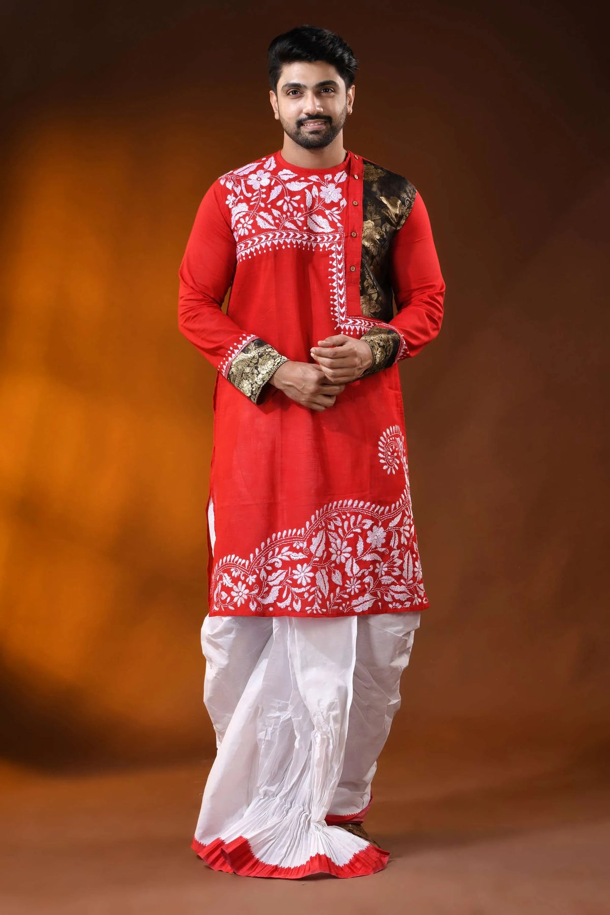 Red cotton men’s punjabi with kantha embroidery - patch work design 1