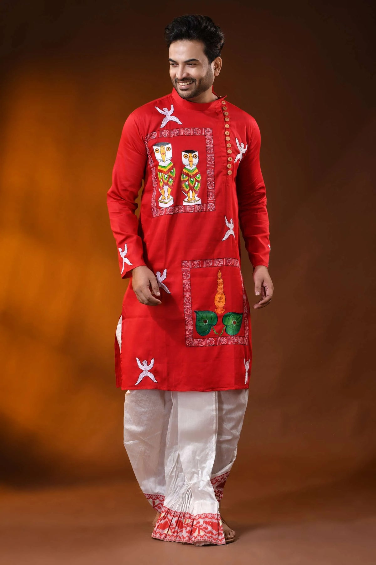 Red cotton wedding punjabi with kantha work and hand paint art 6