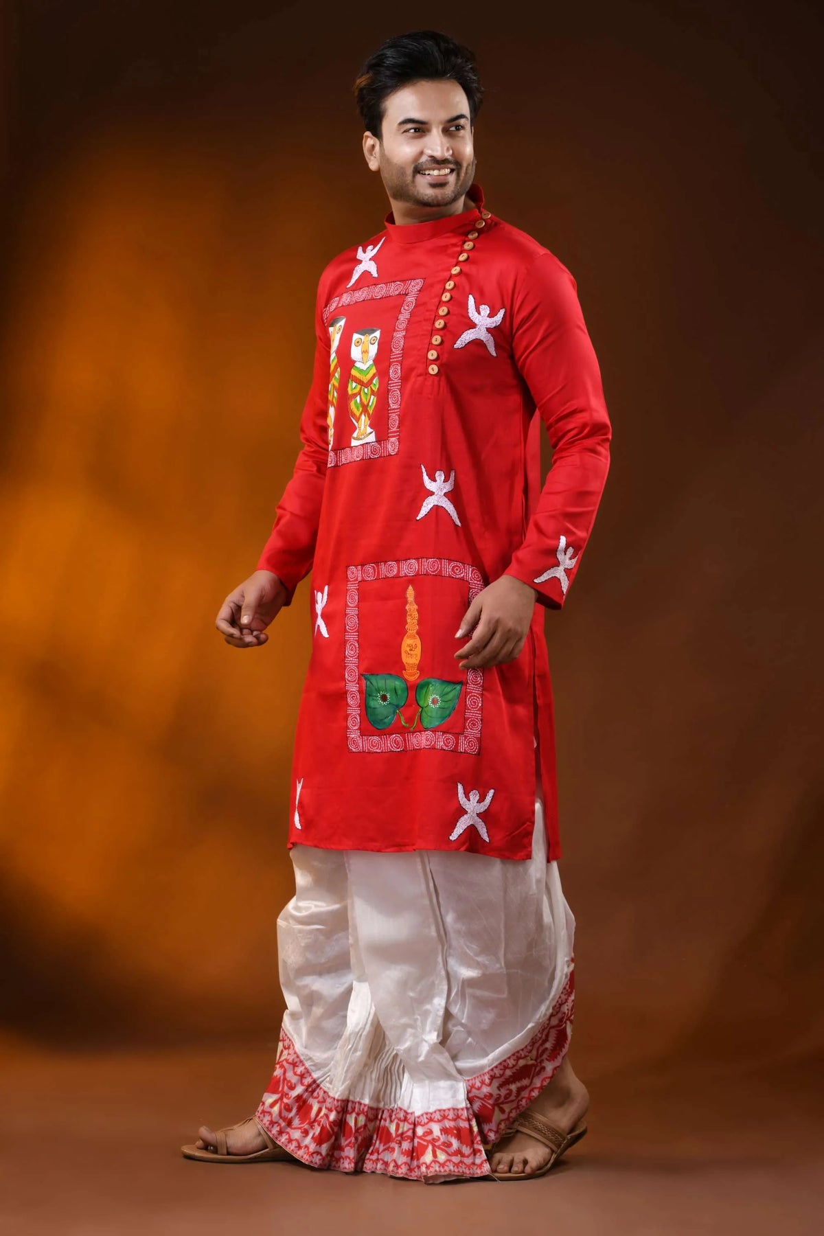 Red cotton wedding punjabi with kantha work and hand paint art 4