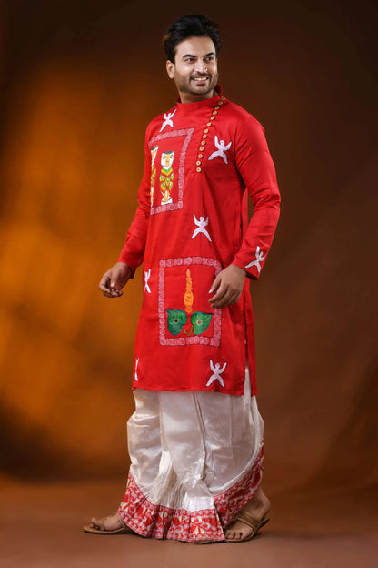 Red cotton wedding punjabi with kantha work and hand paint art 4