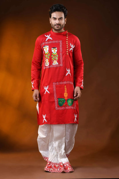 Red cotton wedding punjabi with kantha work and hand paint art 1