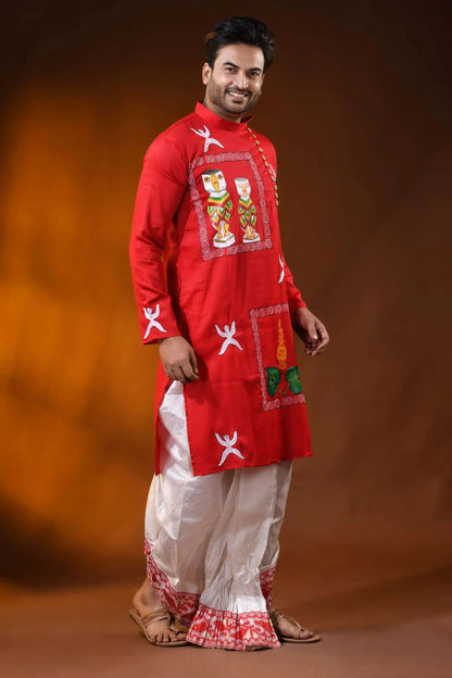 Red cotton wedding punjabi with kantha work and hand paint art 3
