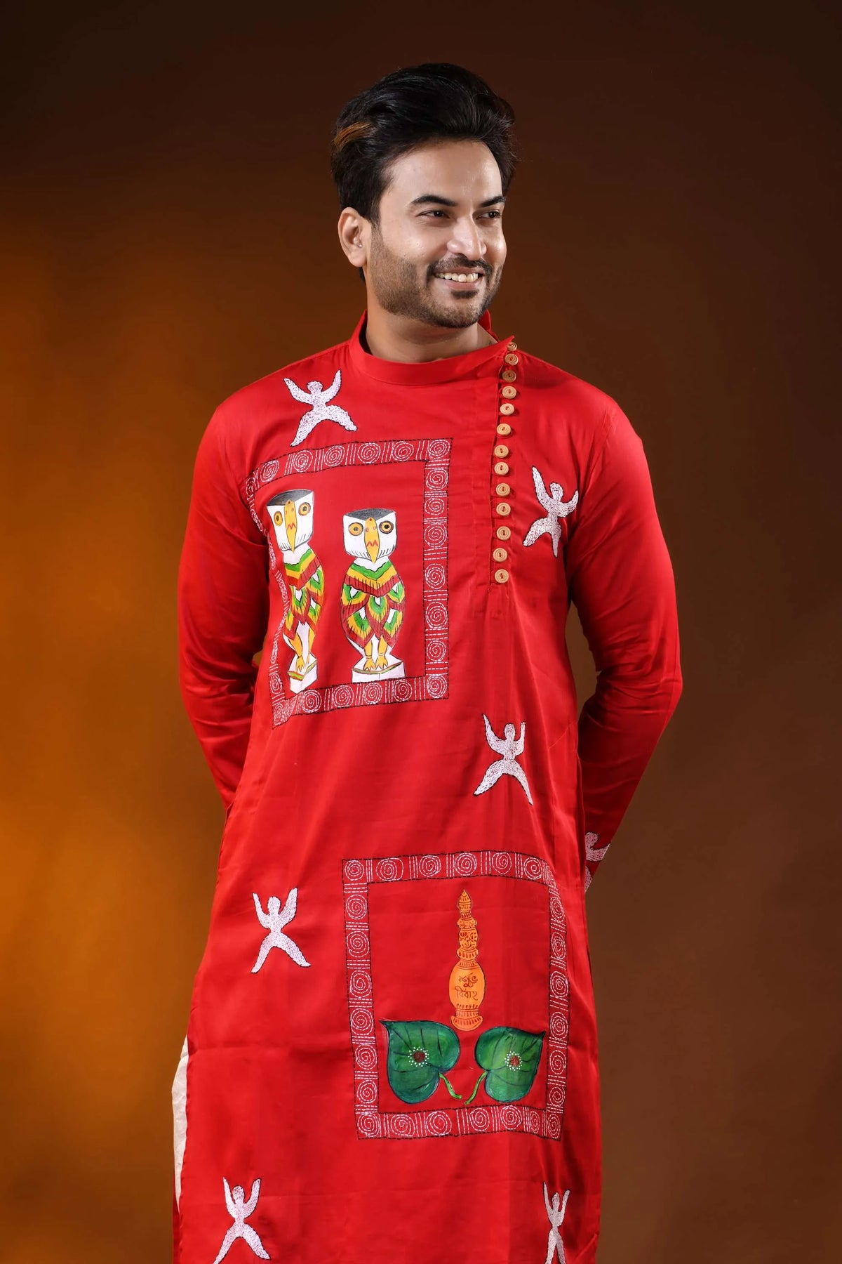Red cotton wedding punjabi with kantha work and hand paint art 2