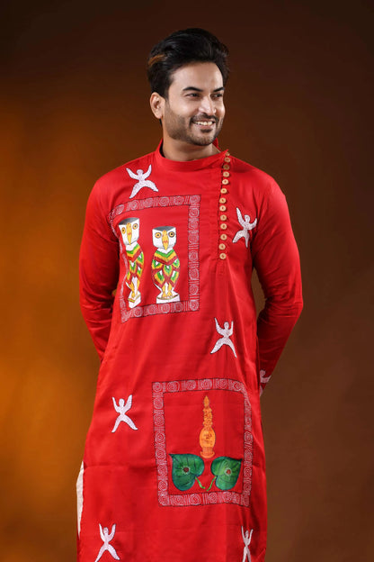 Red cotton wedding punjabi with kantha work and hand paint art 2