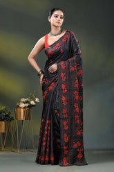 Red floral mandala design handcrafted kantha silk saree in black 6
