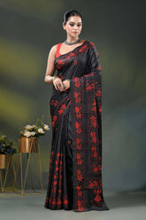 Red floral mandala design handcrafted kantha silk saree in black 1