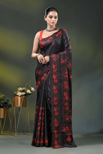 Red floral mandala design handcrafted kantha silk saree in black 1