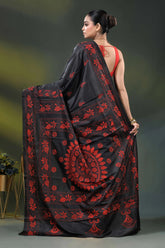 Red floral mandala design handcrafted kantha silk saree in black 5