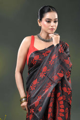 Red floral mandala design handcrafted kantha silk saree in black 2