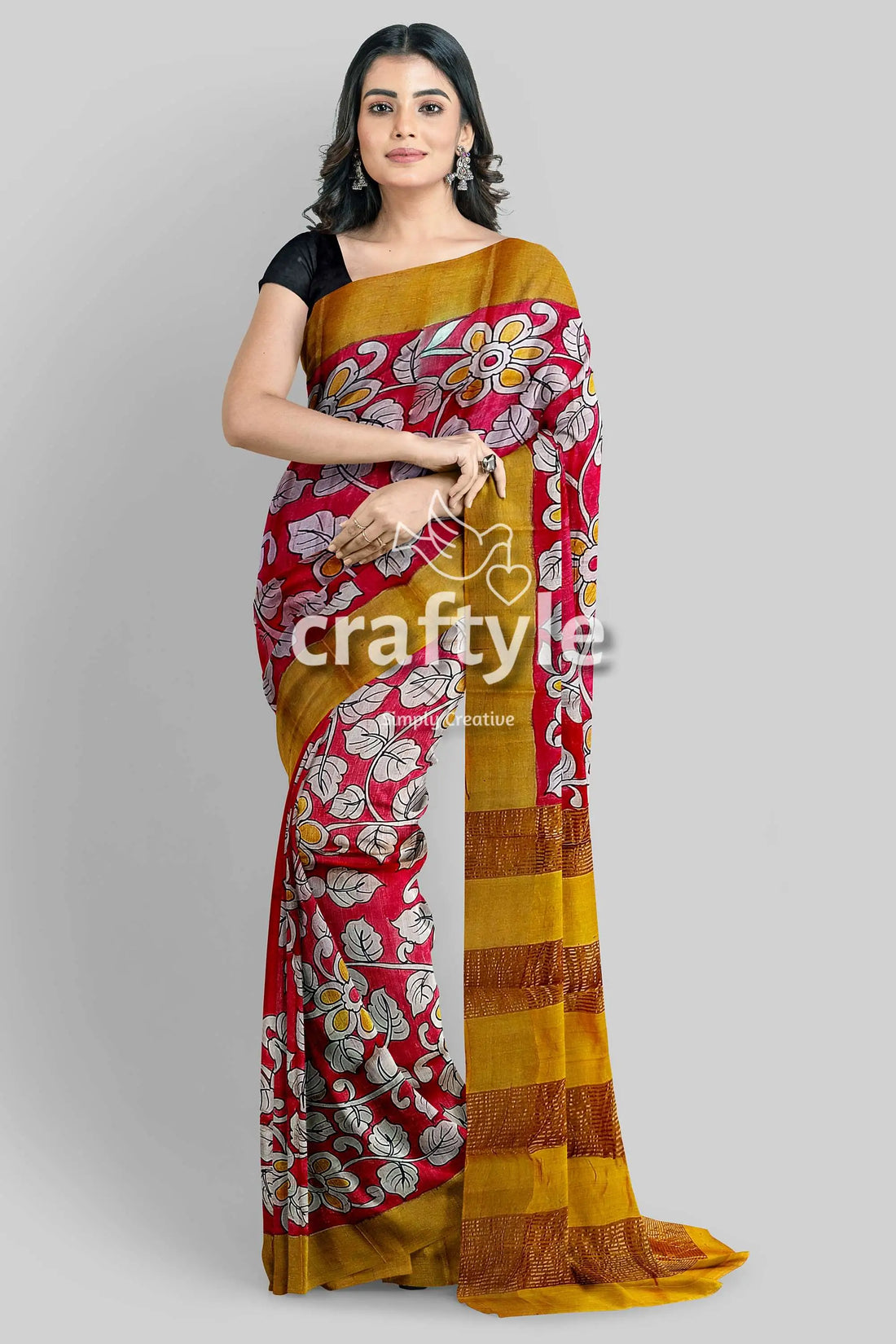 Red hand painted zari border pure tussar kalamkari sari - ethnic indian design woman red yellow floral saree 1