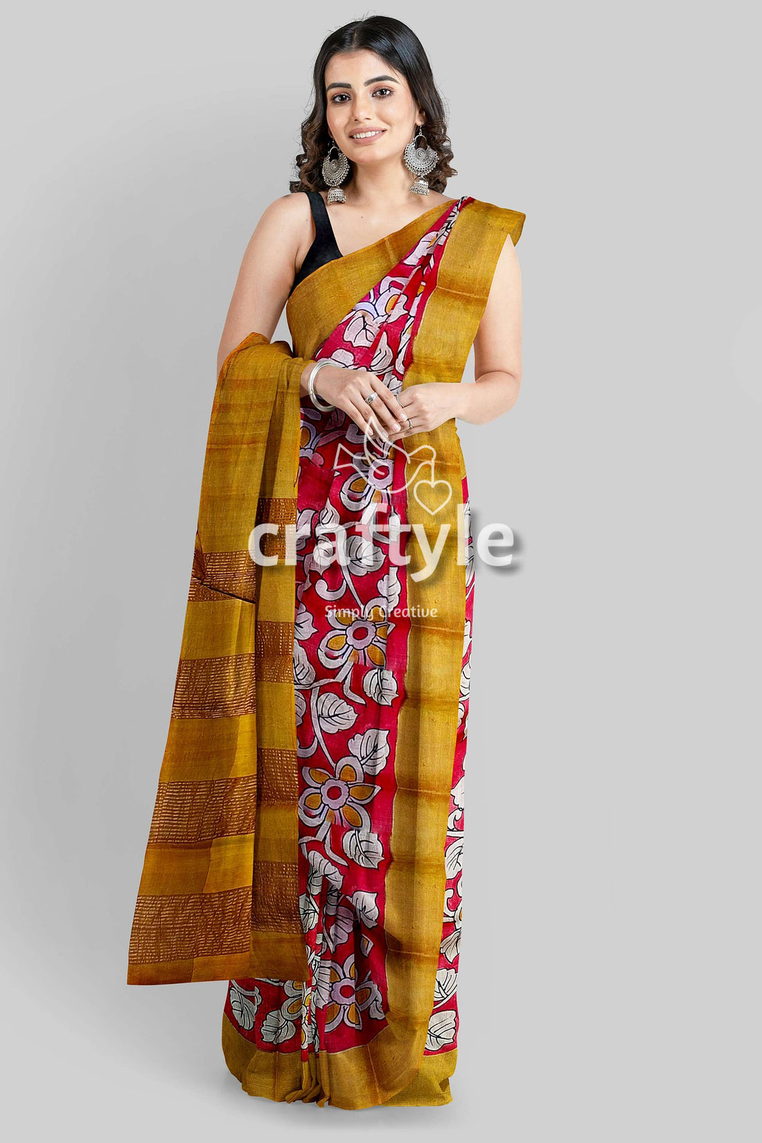 Red Hand Painted Zari Border Pure Tussar Kalamkari Sari - Ethnic Indian Design - Craftyle