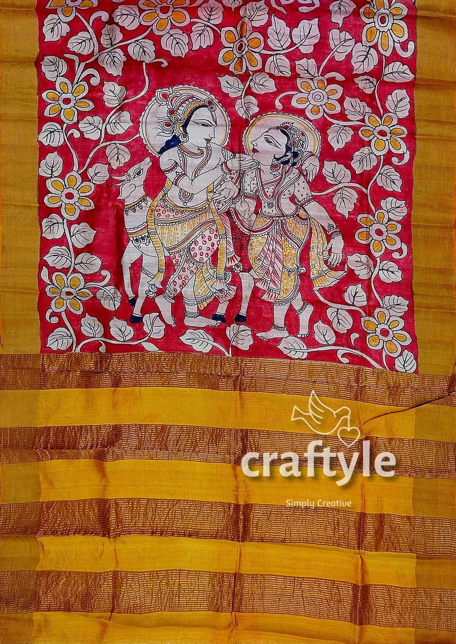 Red Hand Painted Zari Border Pure Tussar Kalamkari Sari - Ethnic Indian Design - Craftyle