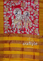 Red Hand Painted Zari Border Pure Tussar Kalamkari Sari - Ethnic Indian Design - Craftyle